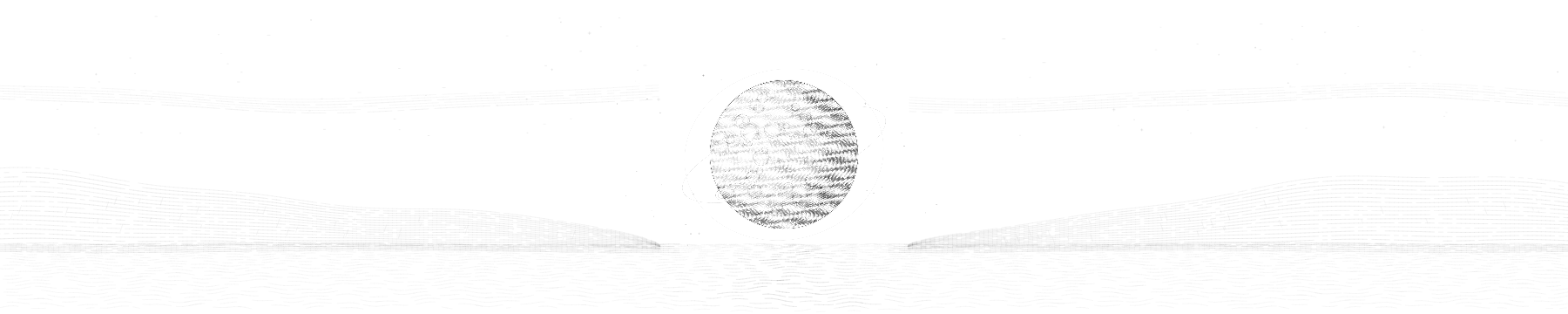 An engraved moon with shaded craters above an etched landscape.