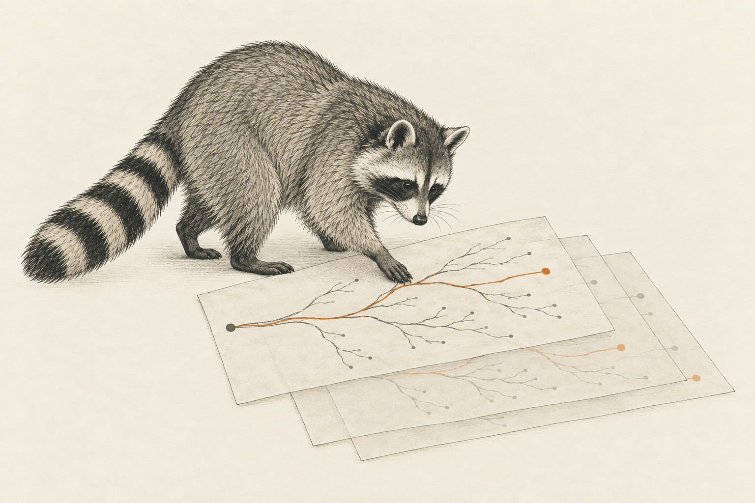 A raccoon examines overlapping drawings of a branching search tree, with one recorded route traced in ochre.