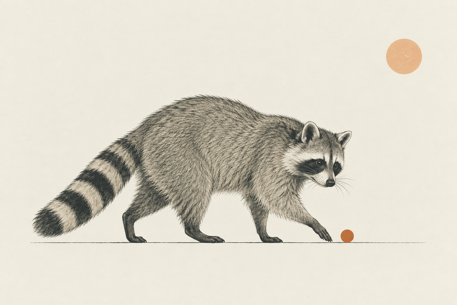 An ink-drawn raccoon reaching toward a small amber circle.