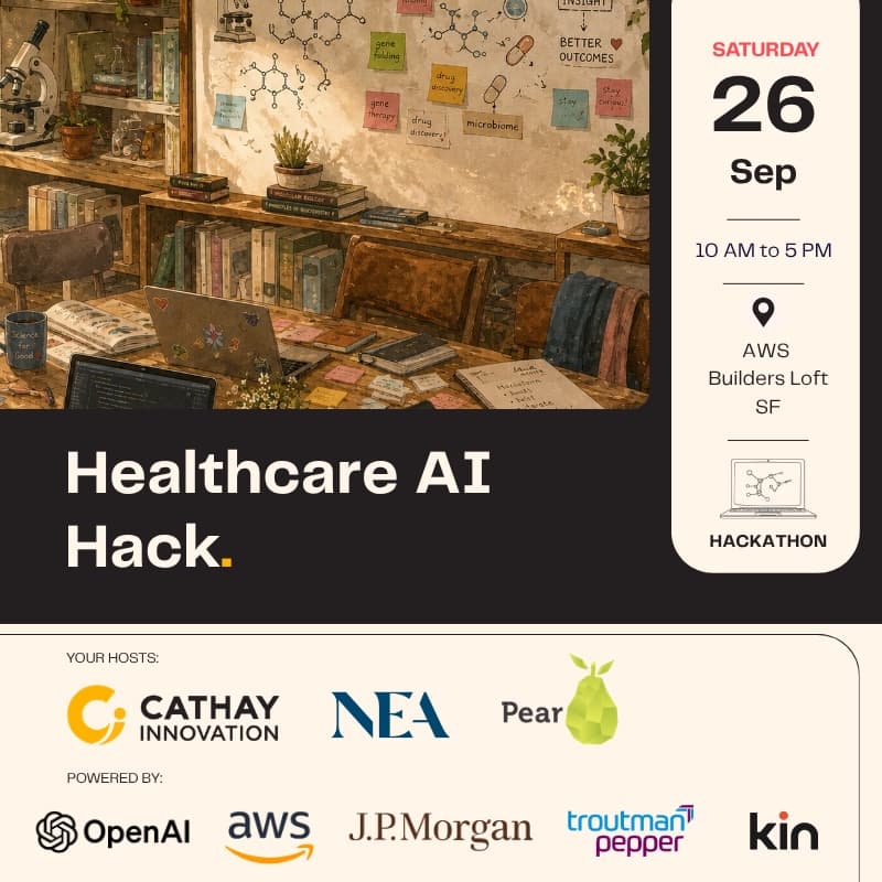 Healthcare AI Hackathon artwork for September 26 at AWS Builder Loft, with Pear VC, NEA and Cathay Innovation listed as hosts.