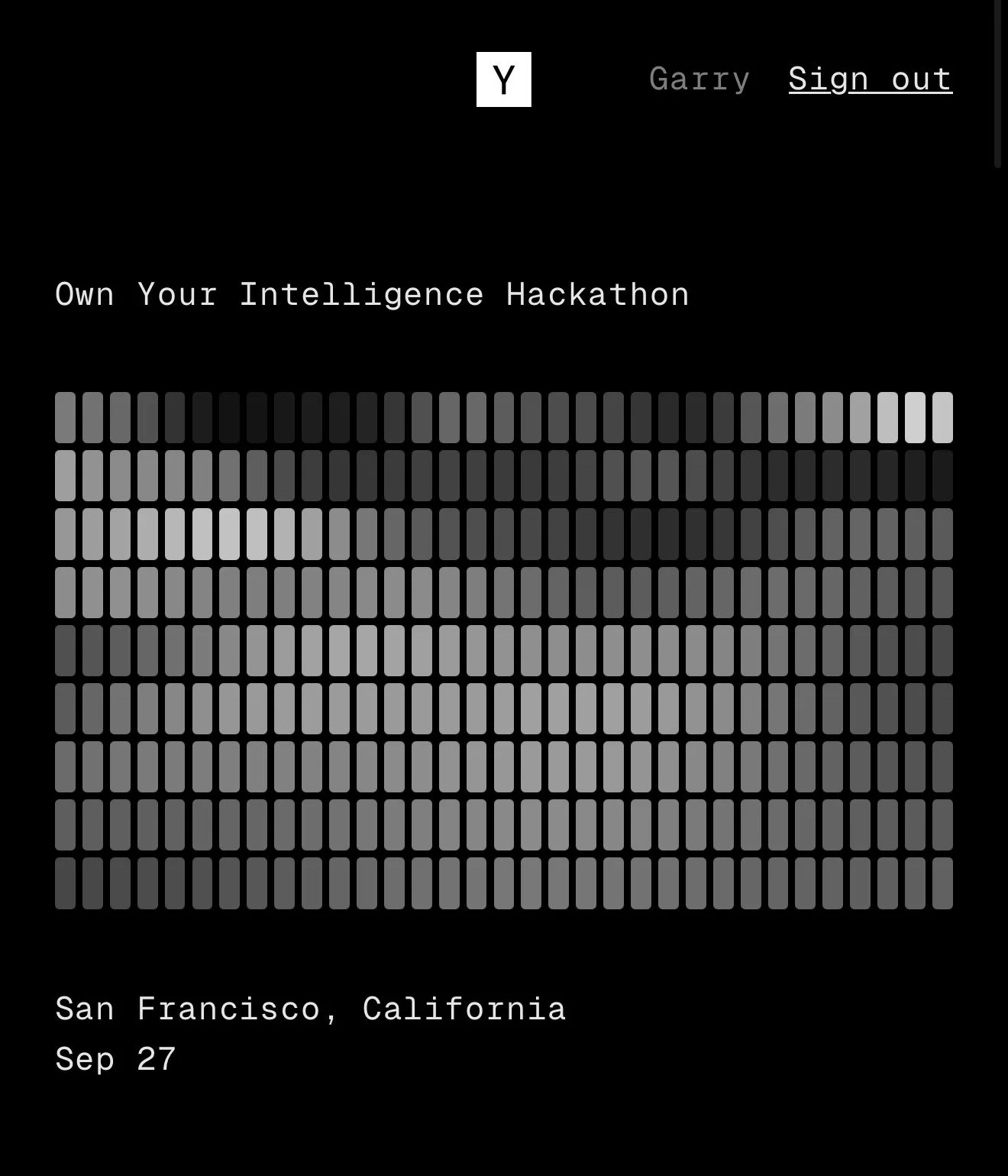 Own Your Intelligence Hackathon announcement, showing a grid of gray tiles and September 27 in San Francisco.