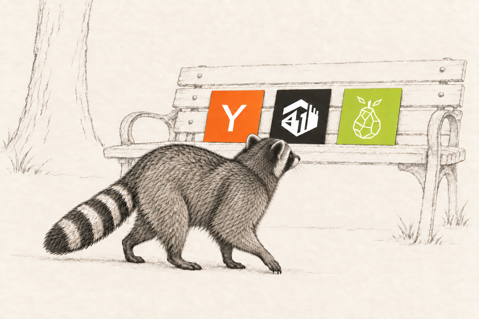 An ink-drawn raccoon glances toward YC, four1 and Pear logo cards resting on a lightly sketched park bench.